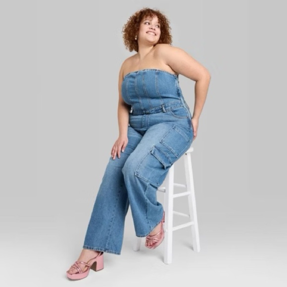 Wild Fable Blue Denim Strapless Cargo Tube Top Wide Leg Jumpsuit One Piece XXL
